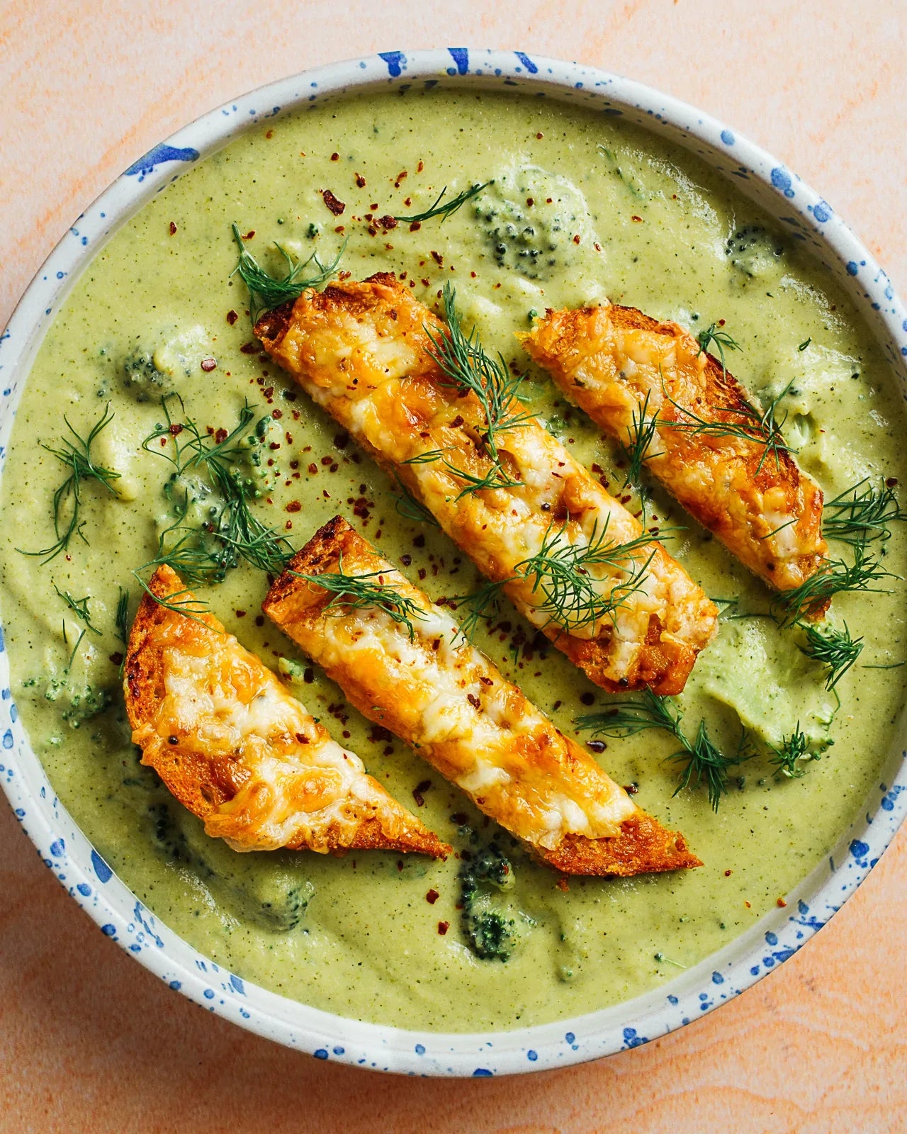 Broccoli Cheddar Soup with Cheesy Garlic Achaar Toasts