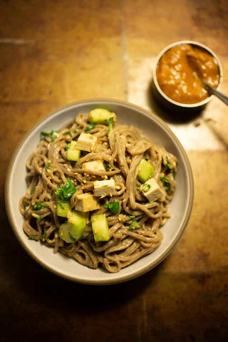 Soba Salad with Spicy Rhubarb Ginger Tahini Dressing